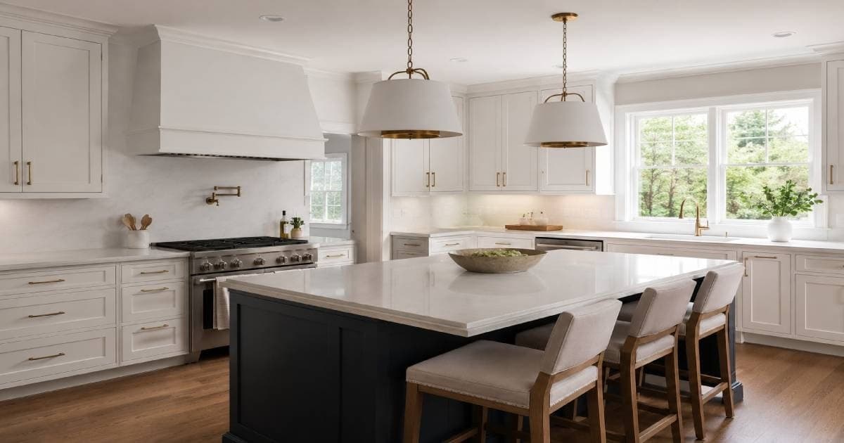 Modern California kitchen with white shaker cabinets and quartz countertops