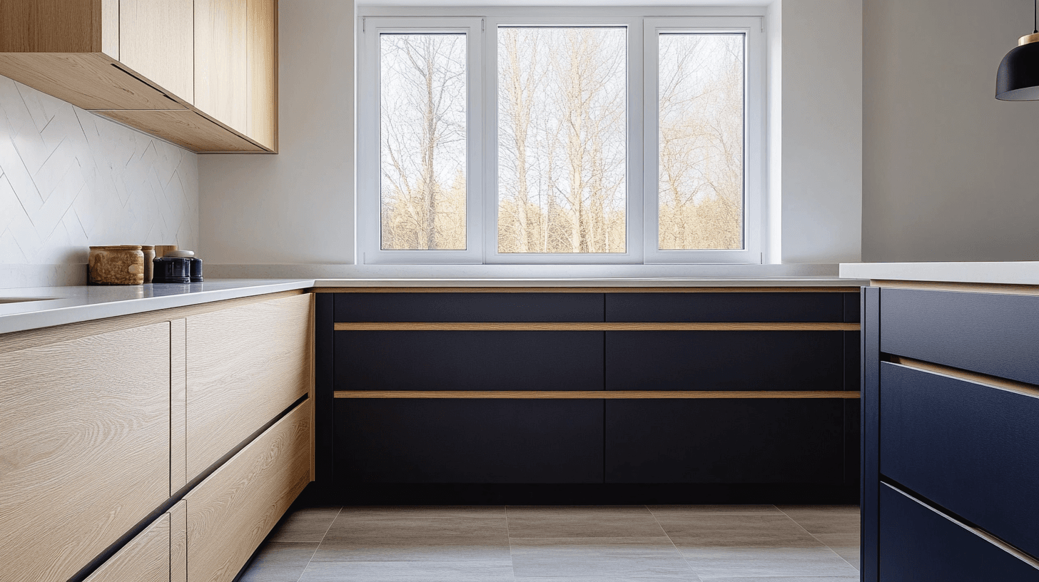 Side-by-side kitchen cabinet display showing stock, semi-custom, and custom construction