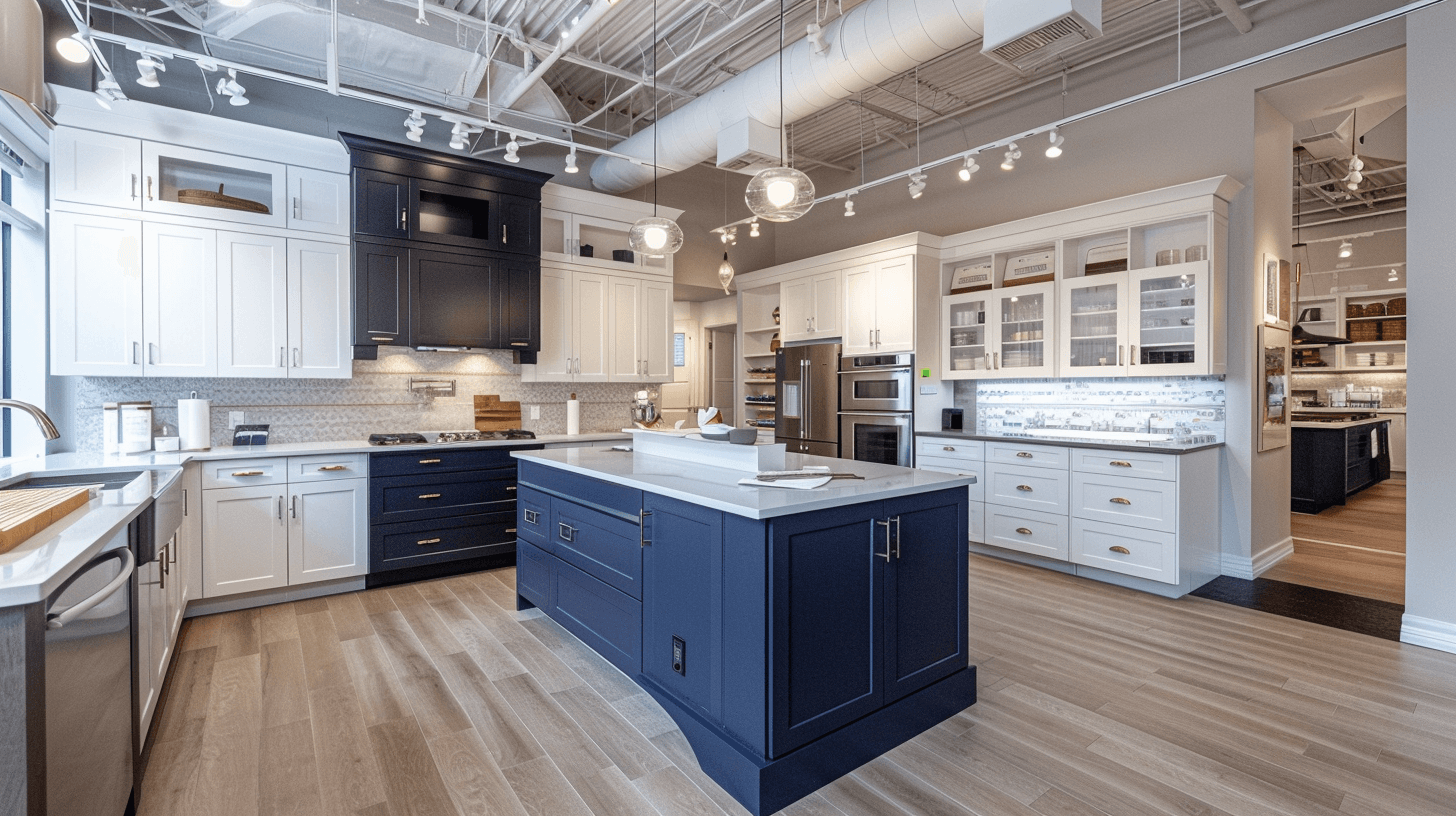 Kitchen cabinet showroom interior with full display vignettes