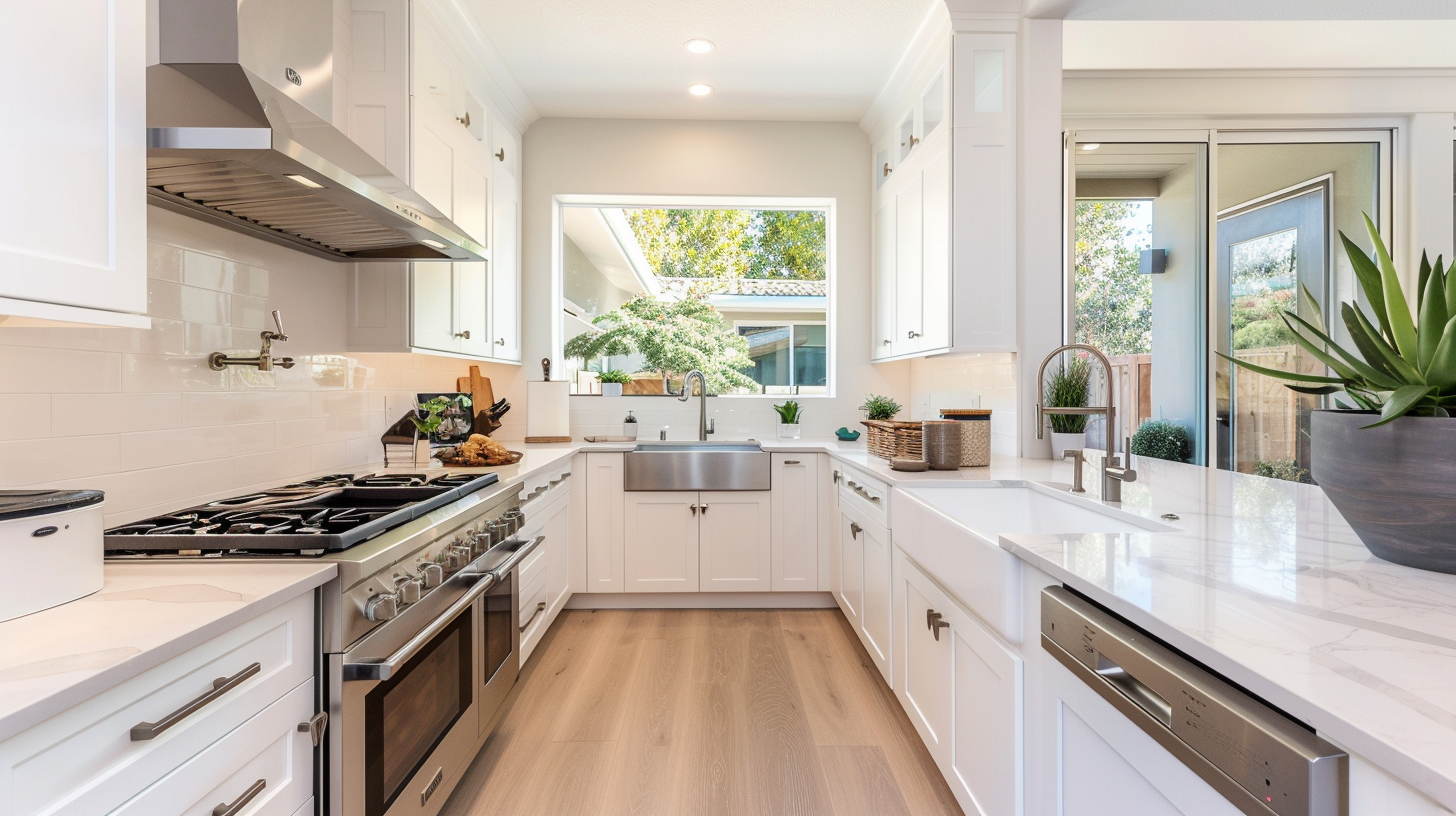 Modern California kitchen with white shaker cabinets and quartz countertops