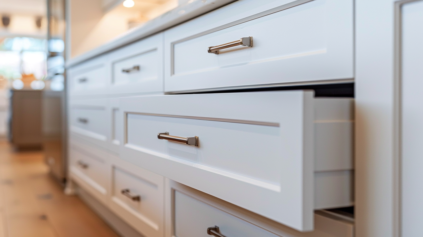 Kitchen cabinet interior showing dovetail drawer joinery and soft-close hardware