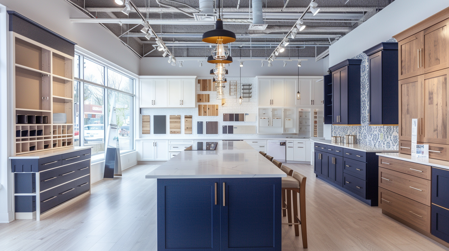 Kitchen cabinet showroom with display samples in multiple finishes