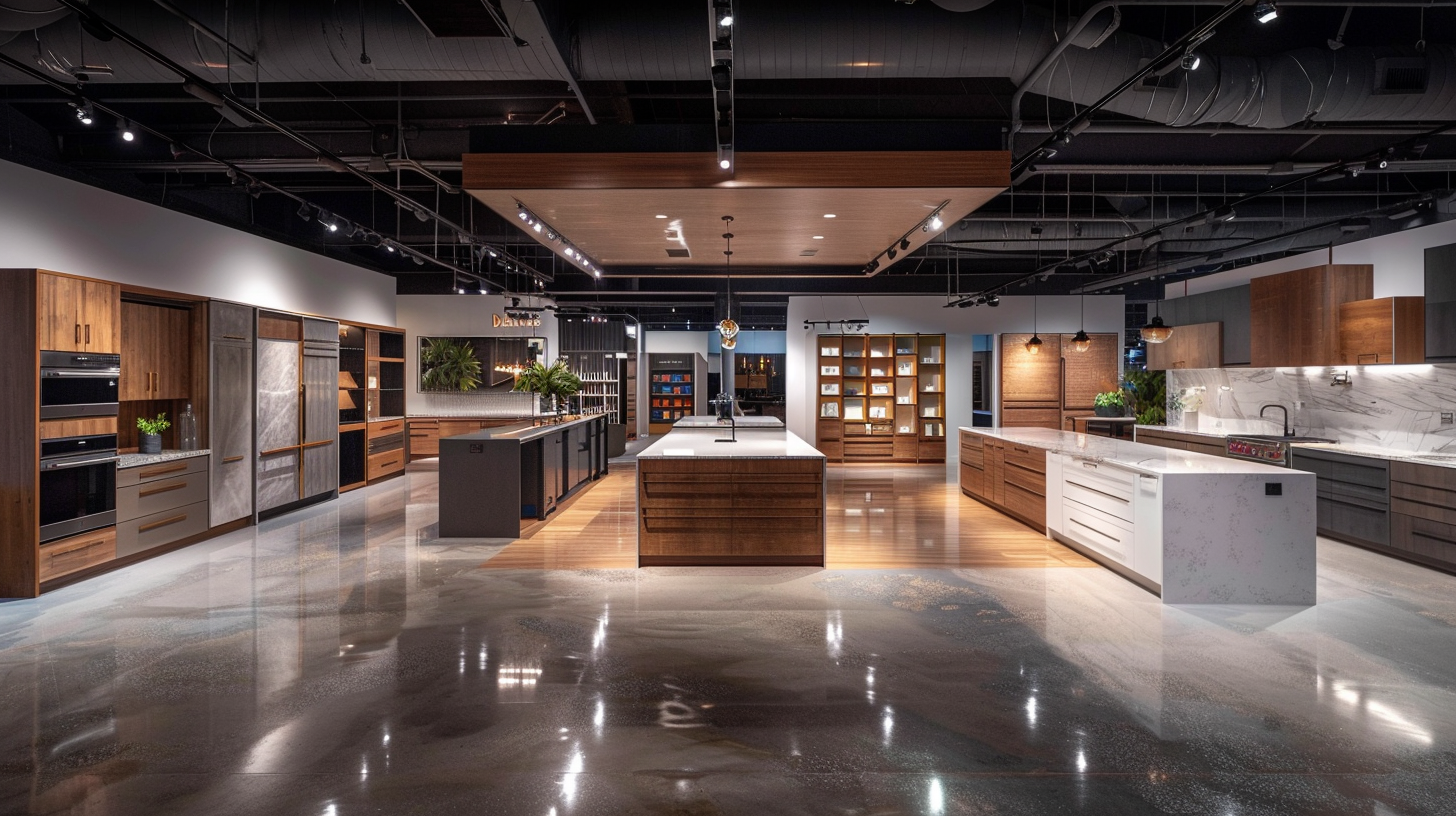 Kitchen cabinet showroom floor with full-size display vignettes