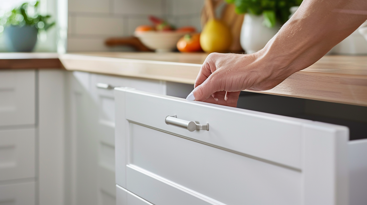 Person testing soft-close drawer hardware on kitchen cabinet display