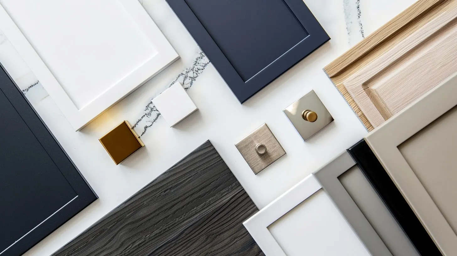 Cabinet finish and hardware samples laid out for comparison