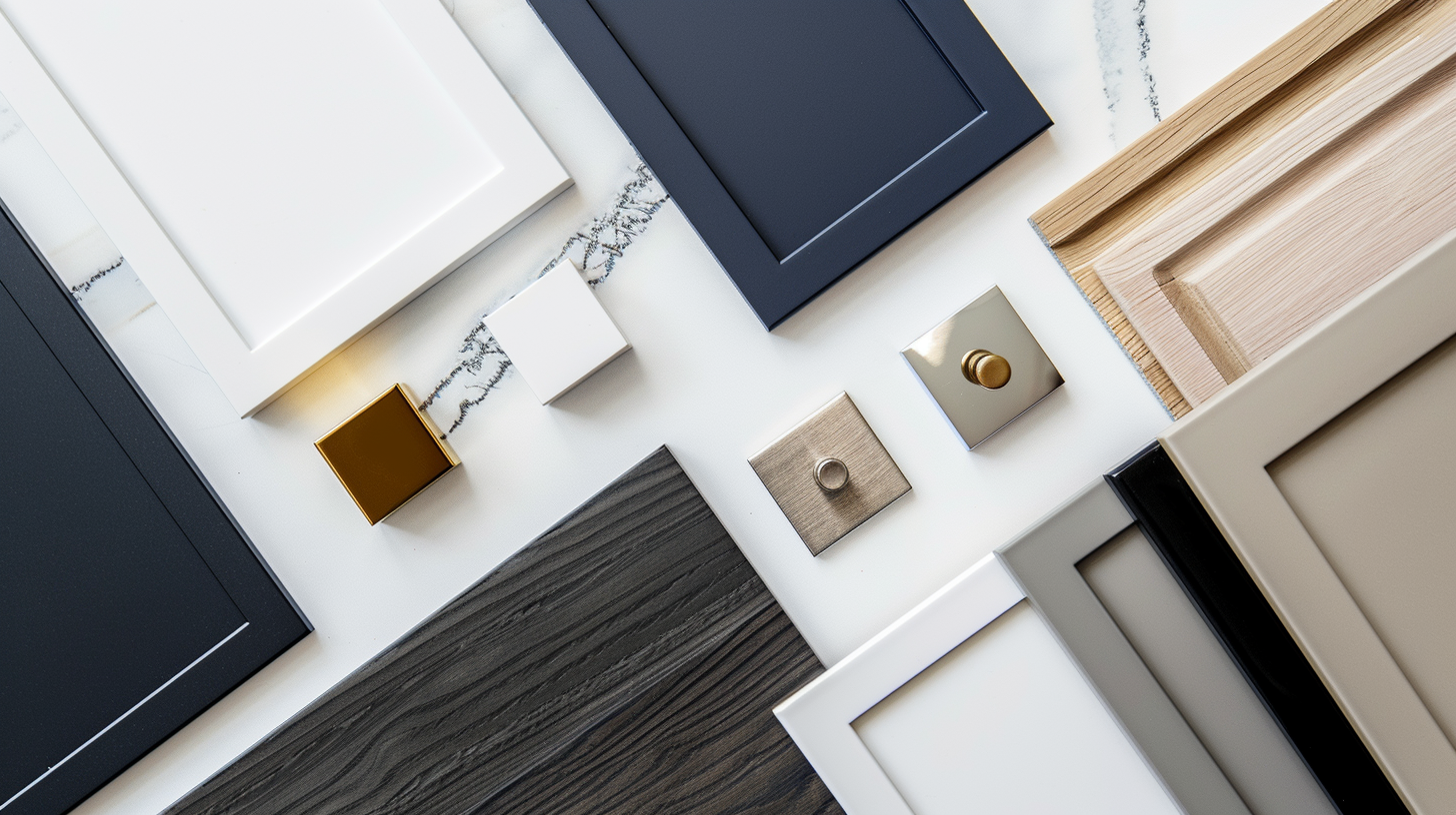 Cabinet finish and hardware samples laid out for comparison